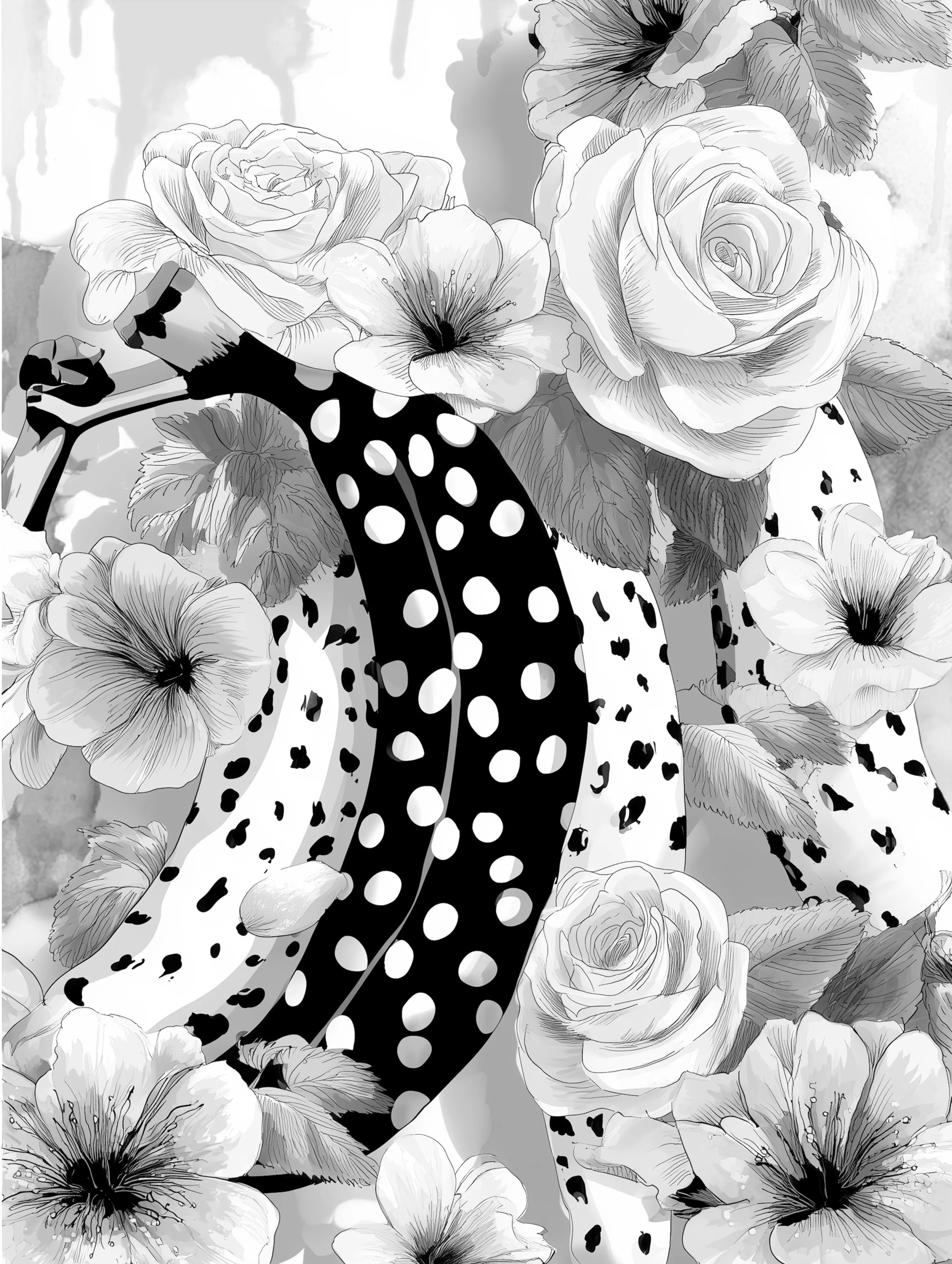 Free printable banana coloring page for adults featuring black banana with white bananas